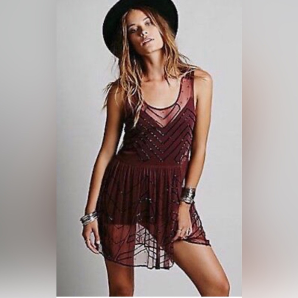 Free People Sheer Dress | Beaded Overlay w/ Black Beads over Burgundy Netting